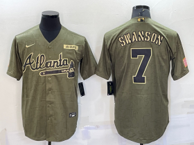 Wholesale Cheap Men\'s Atlanta Braves #7 Dansby Swanson 2021 Olive Salute To Service Limited Stitched Jersey