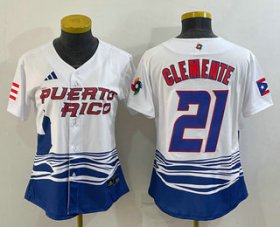 Cheap Women\'s Puerto Rico Baseball #21 Roberto Clemente 2023 White World Classic Stitched Jerseys