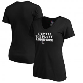 Wholesale Cheap MLB Majestic Women\'s 2019 London Series Step to the Plate V-Neck T-Shirt - Black