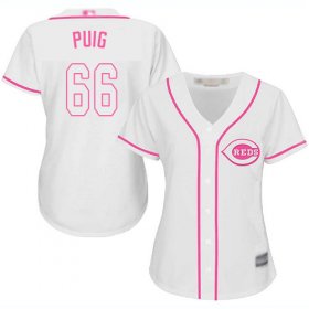 Wholesale Cheap Reds #66 Yasiel Puig White/Pink Fashion Women\'s Stitched MLB Jersey