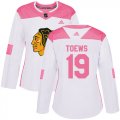 Wholesale Cheap Adidas Blackhawks #19 Jonathan Toews White/Pink Authentic Fashion Women's Stitched NHL Jersey