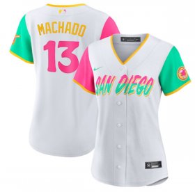 Wholesale Cheap Women\'s San Diego Padres #13 Manny Machado White 2022 City Connect Cool Base Stitched Baseball Jersey(Run Small)