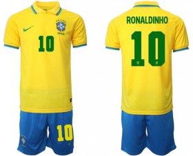 Cheap Men\'s Brazil #10 Ronaldinho Yellow Home Soccer Jersey Suit