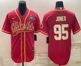 Cheap Men\'s Kansas City Chiefs #95 Chris Jones Red With Super Bowl LVII Patch Cool Base Stitched Baseball Jersey