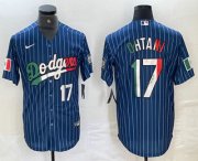 Cheap Men's Los Angeles Dodgers #17 Shohei Ohtani Number Mexico Blue Pinstripe Cool Base Stitched Jerseys