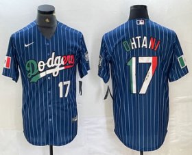 Cheap Men\'s Los Angeles Dodgers #17 Shohei Ohtani Number Mexico Blue Pinstripe Cool Base Stitched Jerseys