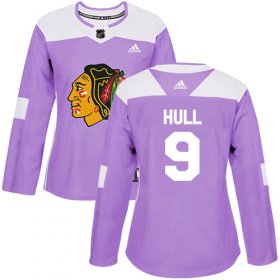 Wholesale Cheap Adidas Blackhawks #9 Bobby Hull Purple Authentic Fights Cancer Women\'s Stitched NHL Jersey