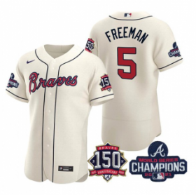 Wholesale Cheap Men\'s Cream Atlanta Braves #5 Freddie Freeman 2021 World Series Champions With 150th Anniversary Flex Base Stitched Jersey