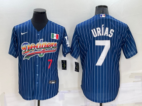 Wholesale Cheap Men\'s Los Angeles Dodgers #7 Julio Urias Number Rainbow Blue Red Pinstripe Mexico Cool Base Nike Jersey