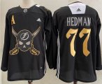 Wholesale Cheap Men's Tampa Bay Lightning #77 Victor Hedman Black Pirate Themed Warmup Authentic Jersey