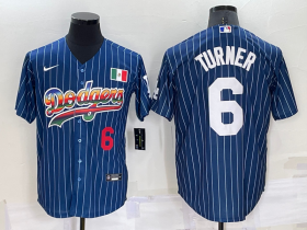 Wholesale Cheap Men\'s Los Angeles Dodgers #6 Trea Turner Number Rainbow Blue Red Pinstripe Mexico Cool Base Nike Jersey