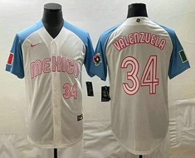 Cheap Men\'s Mexico Baseball #34 Fernando Valenzuela Number 2023 White Blue World Classic Stitched Jersey1