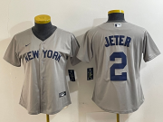 Cheap Women's New York Yankees #2 Derek Jeter Name 2021 Grey Field of Dreams Cool Base Stitched Jersey