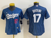 Cheap Women's Los Angeles Dodgers #17 Shohei Ohtani Number Red Navy Blue Pinstripe Stitched Cool Base Nike Jerseys