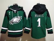 Wholesale Men's Philadelphia Eagles #1 Jalen Hurts Green Lace-Up Pullover Hoodie
