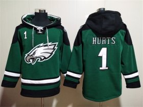 Wholesale Men\'s Philadelphia Eagles #1 Jalen Hurts Green Lace-Up Pullover Hoodie