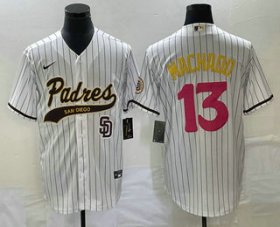 Wholesale Cheap Men\'s San Diego Padres #13 Manny Machado White Pinstripe 2023 City Connect Cool Base Stitched Jersey 1