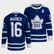 Wholesale Cheap Men's Toronto Maple Leafs Black #16 Mitch Marner Blue 2022 Reverse Retro Stitched Jersey