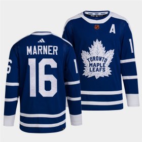 Wholesale Cheap Men\'s Toronto Maple Leafs Black #16 Mitch Marner Blue 2022 Reverse Retro Stitched Jersey