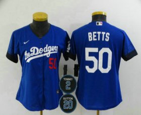 Wholesale Cheap Women\'s Los Angeles Dodgers #50 Mookie Betts Blue #2 #20 Patch City Connect Number Cool Base Stitched Jersey