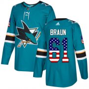 Wholesale Cheap Adidas Sharks #61 Justin Braun Teal Home Authentic USA Flag Stitched NHL Jersey