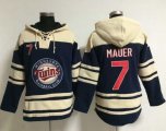 Wholesale Cheap Twins #7 Joe Mauer Navy Blue Sawyer Hooded Sweatshirt MLB Hoodie