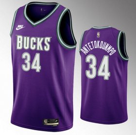 Wholesale Cheap Men\'s Milwaukee Bucks #34 Giannis Antetokounmpo 2022-23 Purple Classic Edition Swingman Stitched Basketball Jersey