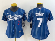 Wholesale Cheap Women's Los Angeles Dodgers #7 Julio Urias Number Navy Blue Pinstripe Stitched MLB Cool Base Nike Jersey