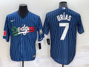 Wholesale Cheap Men's Los Angeles Dodgers #7 Julio Urias Navy Blue Pinstripe 2020 World Series Cool Base Nike Jersey