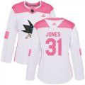Wholesale Cheap Adidas Sharks #31 Martin Jones White/Pink Authentic Fashion Women's Stitched NHL Jersey