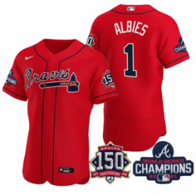 Wholesale Cheap Men\'s Red Atlanta Braves #1 Ozzie Albies 2021 World Series Champions With 150th Anniversary Flex Base Stitched Jersey