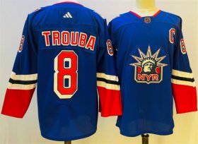 Wholesale Cheap Men\'s New York Rangers #8 Jacob Trouba Blue 2022-23 Reverse Retro Stitched Jersey