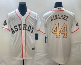 Cheap Men\'s Houston Astros #44 Yordan Alvarez 2023 White Gold World Serise Champions Patch Cool Base Stitched Jersey