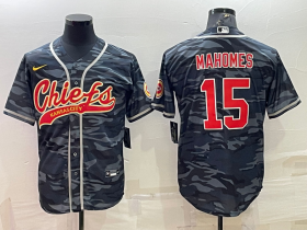 Wholesale Cheap Men\'s Kansas City Chiefs Blank #15 Patrick Mahomes Grey Navy Camo With Patch Cool Base Stitched Baseball Jersey