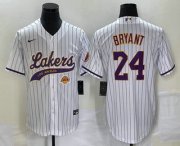 Wholesale Cheap Men's Los Angeles Lakers #24 Kobe Bryant White Pinstripe With Patch Cool Base Stitched Baseball Jersey