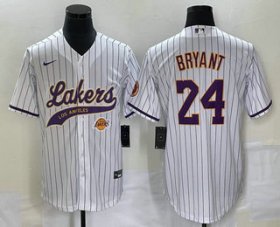 Wholesale Cheap Men\'s Los Angeles Lakers #24 Kobe Bryant White Pinstripe With Patch Cool Base Stitched Baseball Jersey