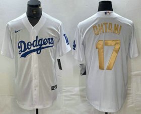 Cheap Men\'s Los Angeles Dodgers #17 Shohei Ohtani White Gold Stitched Cool Base Nike Jerseys