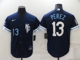 Wholesale Cheap Men\'s Kansas City Royals #13 Salvador Perez Number 2022 Navy City Connect Cool Base Stitched Jersey