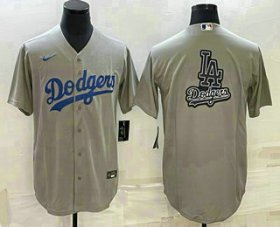 Cheap Men\'s Los Angeles Dodgers Grey Team Big Logo Cool Base Stitched Baseball Jersey1