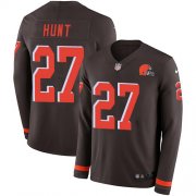 Wholesale Cheap Nike Browns #27 Kareem Hunt Brown Team Color Men's Stitched NFL Limited Therma Long Sleeve Jersey
