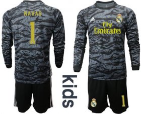 Wholesale Cheap Real Madrid #1 Navas Black Goalkeeper Long Sleeves Kid Soccer Club Jersey