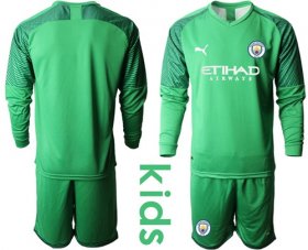 Wholesale Cheap Manchester City Blank Green Goalkeeper Long Sleeves Kid Soccer Club Jersey