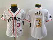Cheap Youth Houston Astros #3 Jeremy Pena Number 2023 White Gold World Serise Champions Patch Cool Base Stitched Jerseys