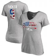 Wholesale Cheap Women's Baltimore Ravens #9 Justin Tucker NFL Pro Line by Fanatics Branded Banner Wave Name & Number T-Shirt Heathered Gray