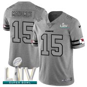 Wholesale Cheap Kansas City Chiefs #15 Patrick Mahomes Men's Nike Gray Super Bowl LIV 2020 Gridiron II Vapor Untouchable Limited NFL Jersey