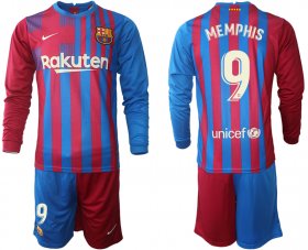Wholesale Cheap Men 2021-2022 Club Barcelona home red blue Long Sleeve 9 Nike Soccer Jerseys