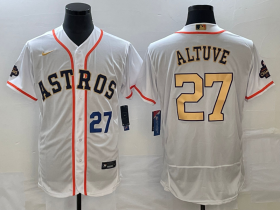 Wholesale Cheap Men\'s Houston Astros #27 Jose Altuve Number 2023 White Gold World Serise Champions Patch Flex Base Stitched Jersey1