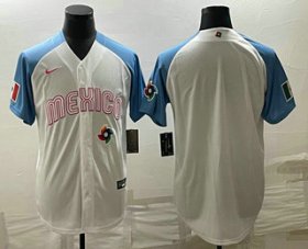 Cheap Men\'s Mexico Baseball Blank 2023 White Blue World Classic Stitched Jersey