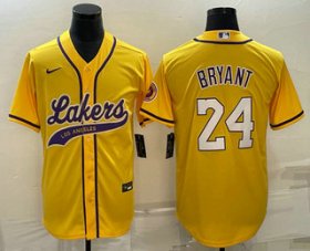 Cheap Men\'s Los Angeles Lakers #24 Kobe Bryant Yellow With Patch Cool Base Stitched Baseball Jersey