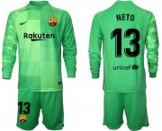 Wholesale Cheap Men 2021-2022 Club Barcelona green goalkeeper Long Sleeve 13 Soccer Jersey